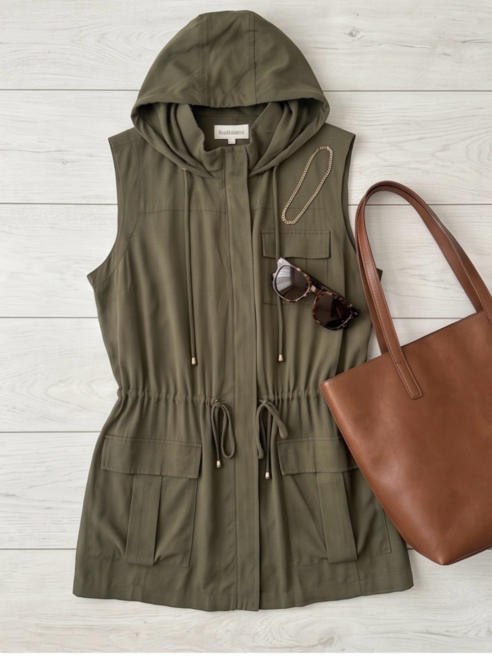 NWOT Daniel Rainn Olive Utility Vest with Drawstring Waist